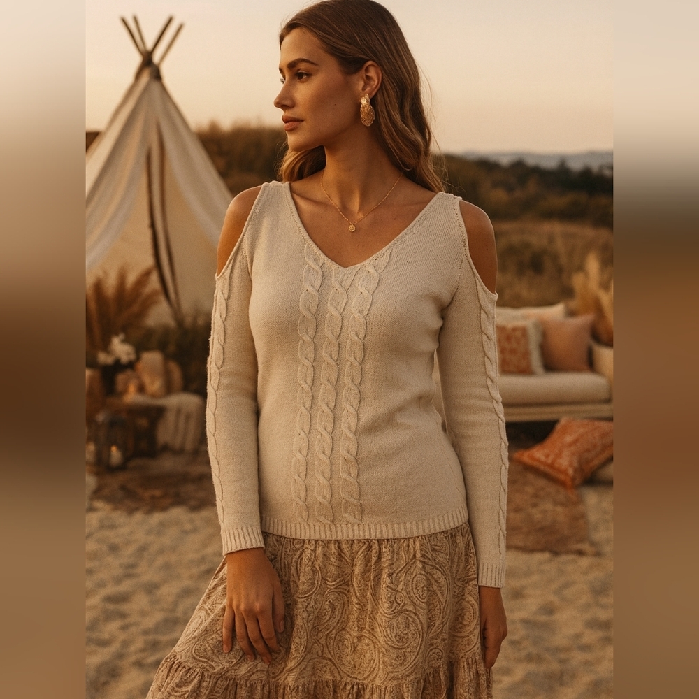 Small Cold Shoulder Cream V-Neck Cable Knit Sweater Beige Neutral Cozy Winter